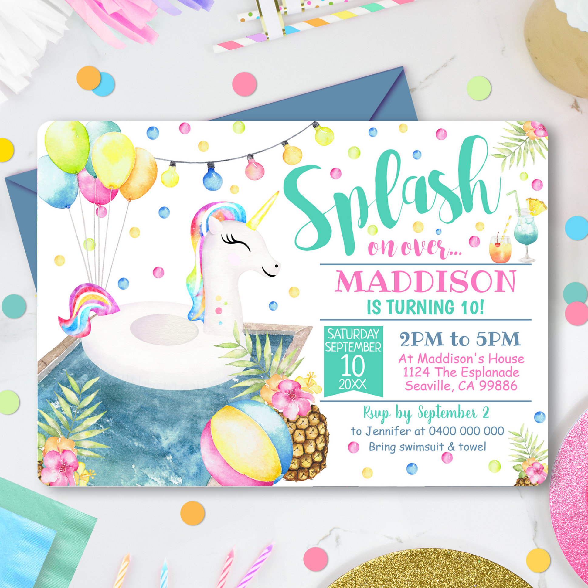 Unicorn Pool Party Invitation Unicorn Float