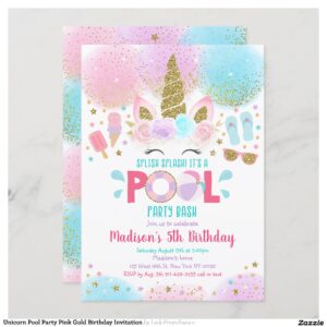 Unicorn Pool Party Pink Gold Birthday Invitation