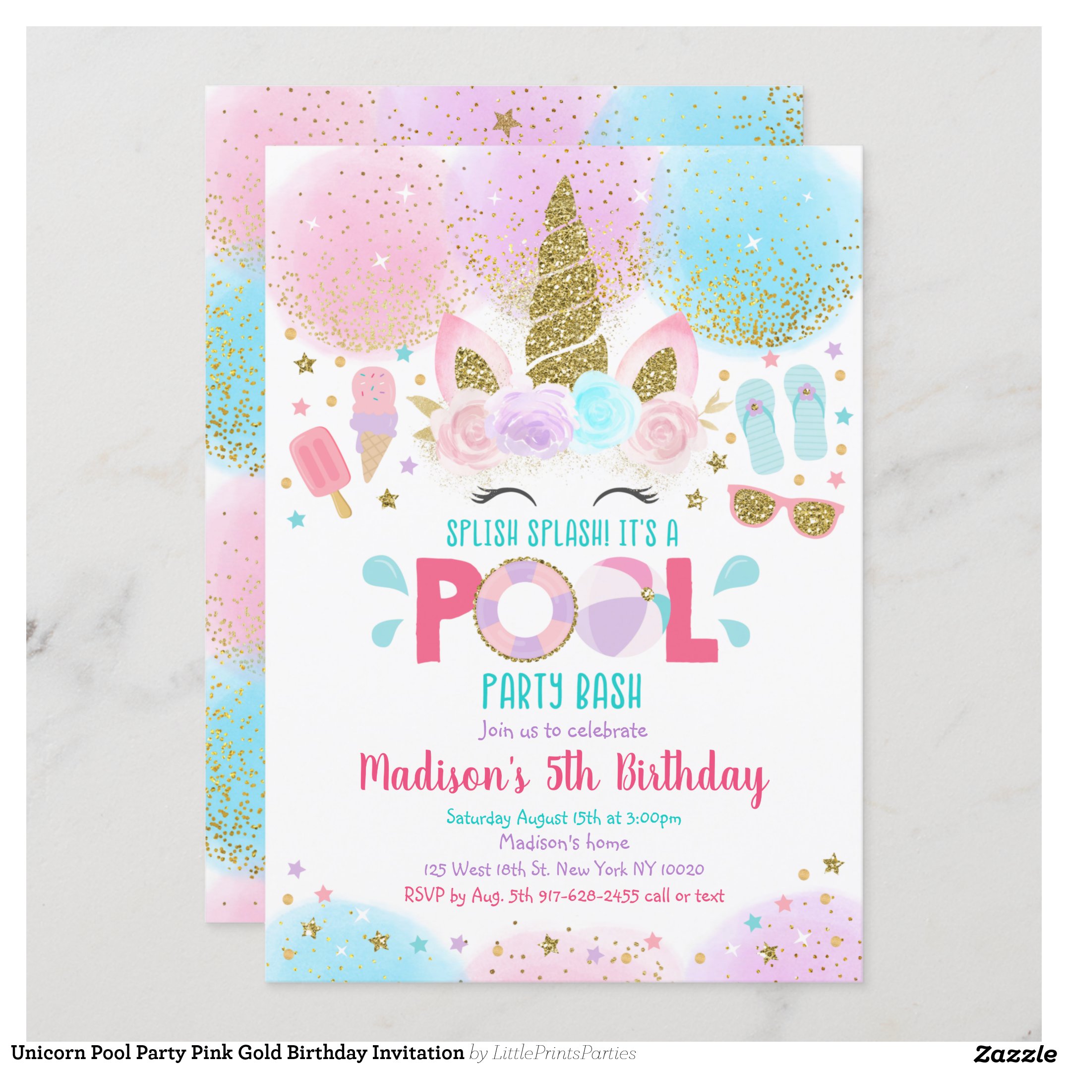 Unicorn Pool Party Pink Gold Birthday Invitation
