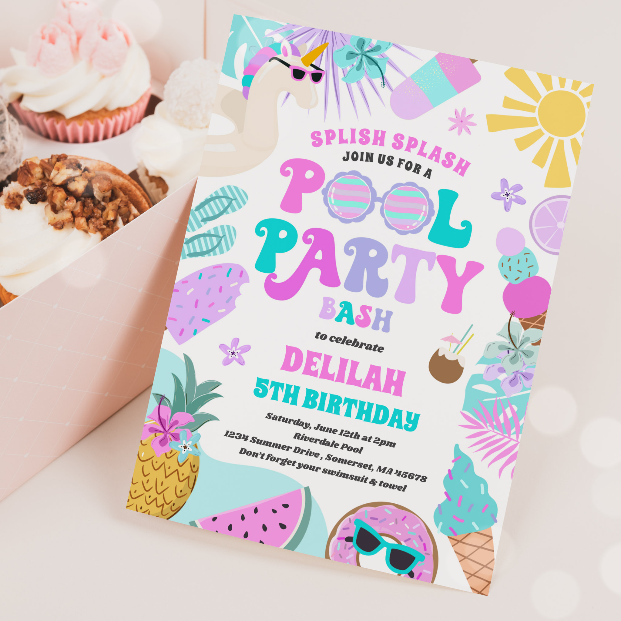 Unicorn Pool Party Tropical Summer Pool Birthday Invitation