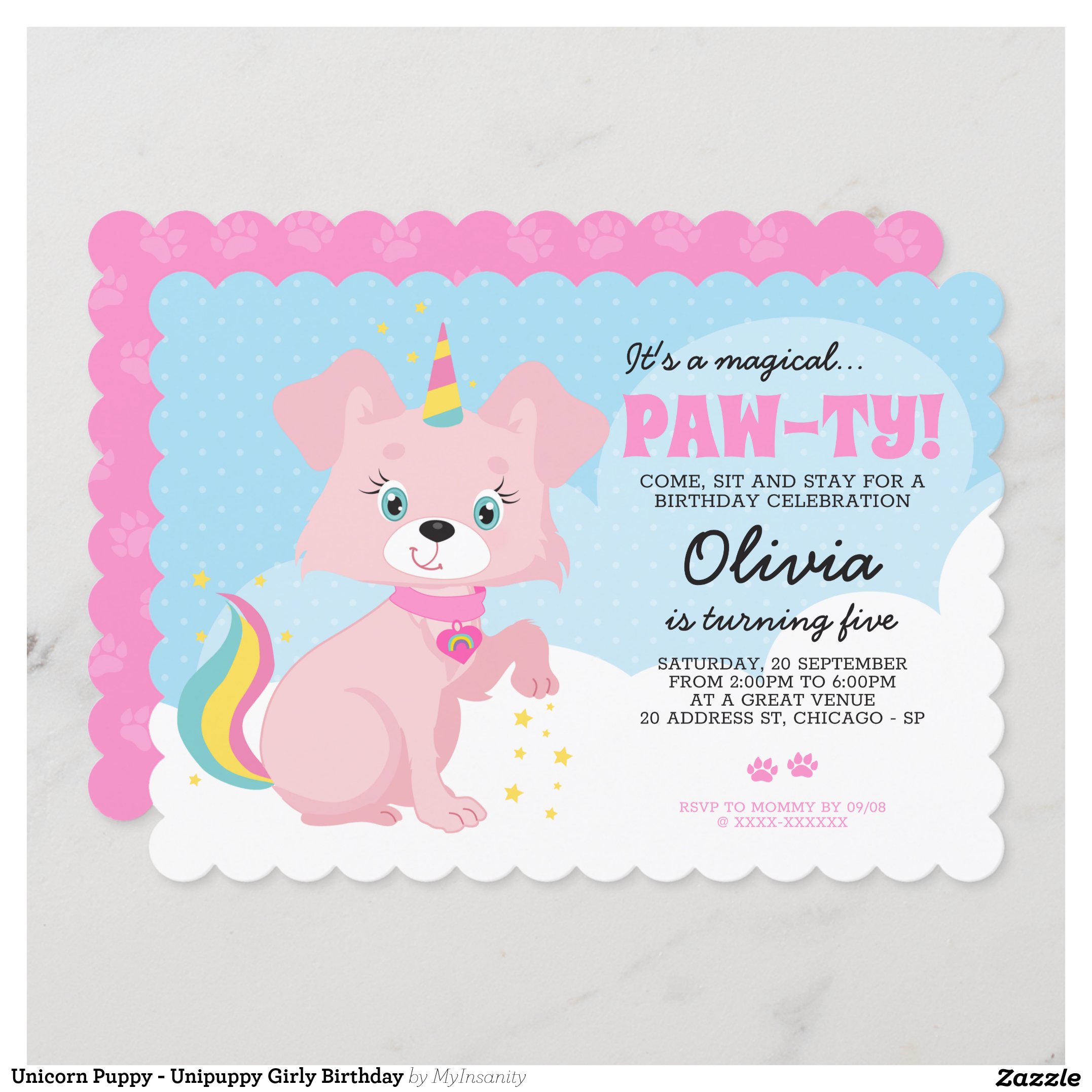 Unicorn Puppy - Unipuppy Girly Birthday Invitation