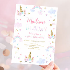 Unicorn Rainbow Clouds Pink Gold Birthday Invitation