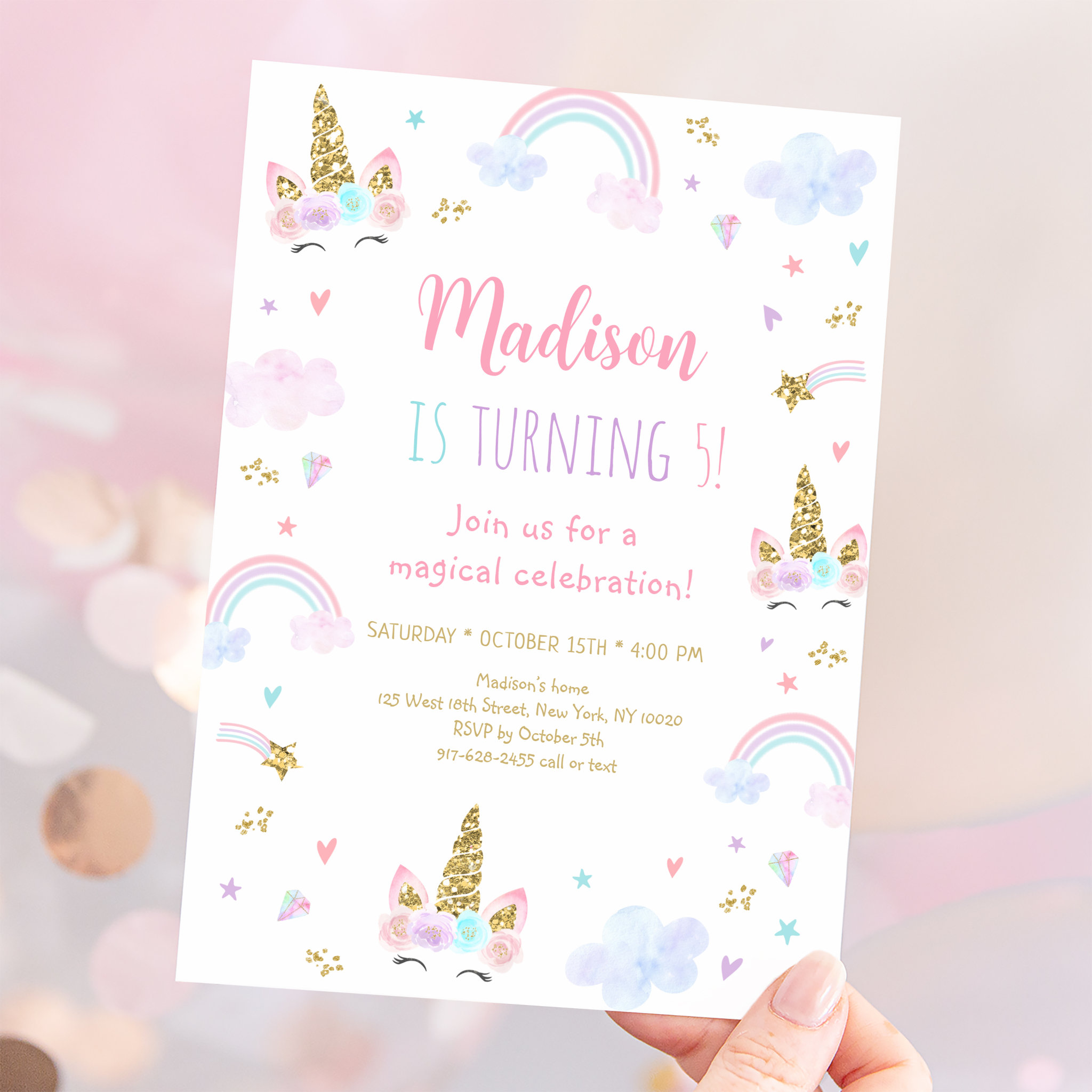 Unicorn Rainbow Clouds Pink Gold Birthday Invitation