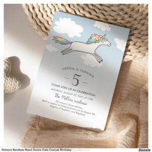Unicorn Rainbow Hand Drawn Cute Custom Birthday Invitation