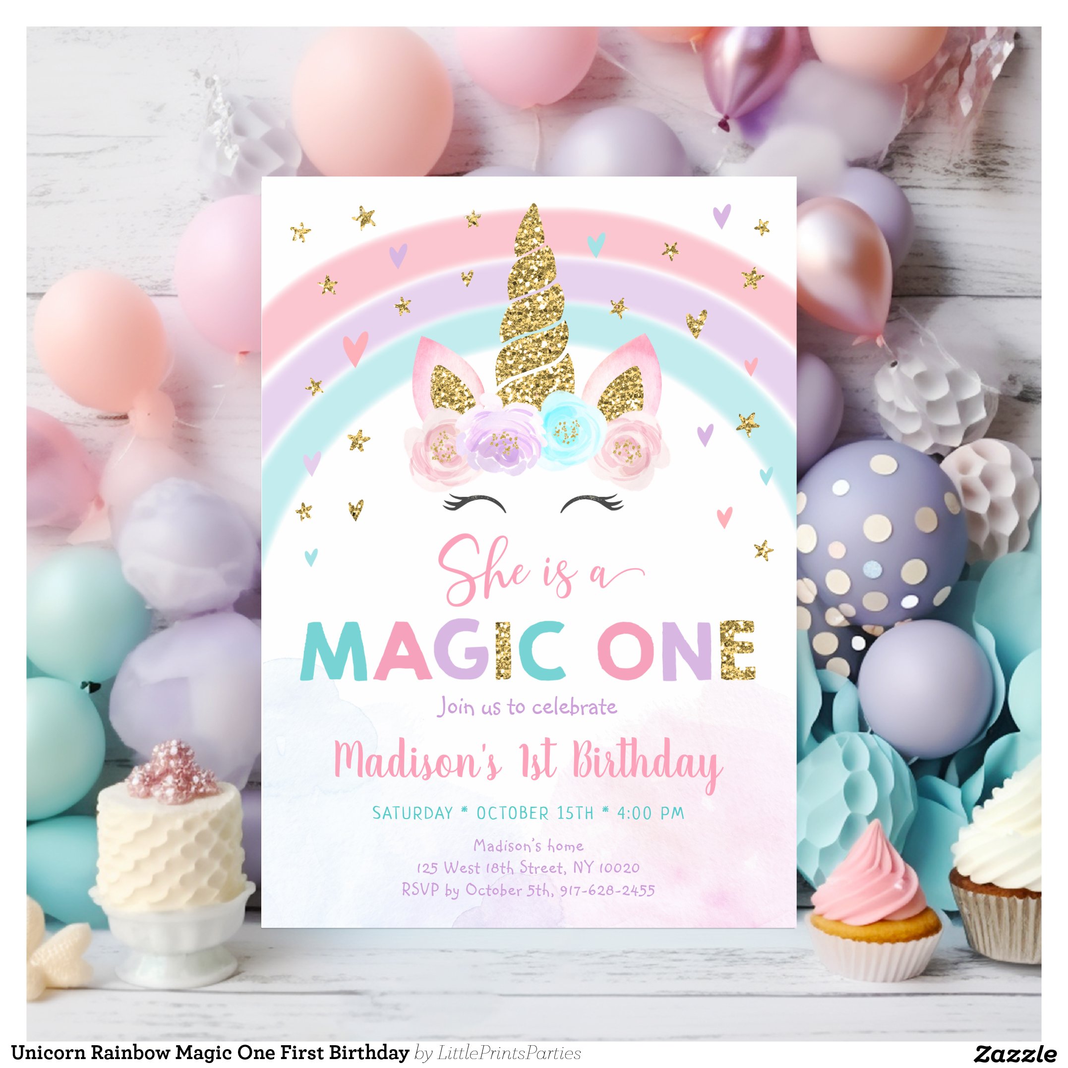 Unicorn Rainbow Magic One First Birthday Invitation