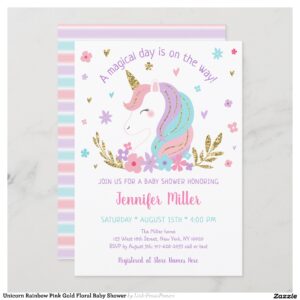 Unicorn Rainbow Pink Gold Floral Baby Shower Invitation