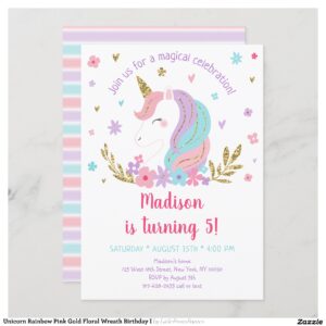 Unicorn Rainbow Pink Gold Floral Wreath Birthday I Invitation