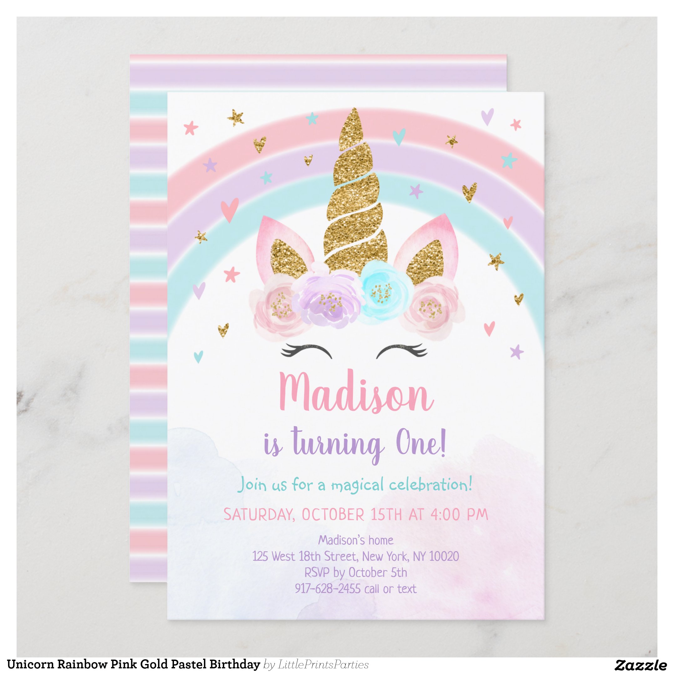 Unicorn Rainbow Pink Gold Pastel Birthday Invitation