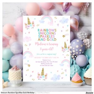 Unicorn Rainbow Sparkles Gold Birthday Invitation