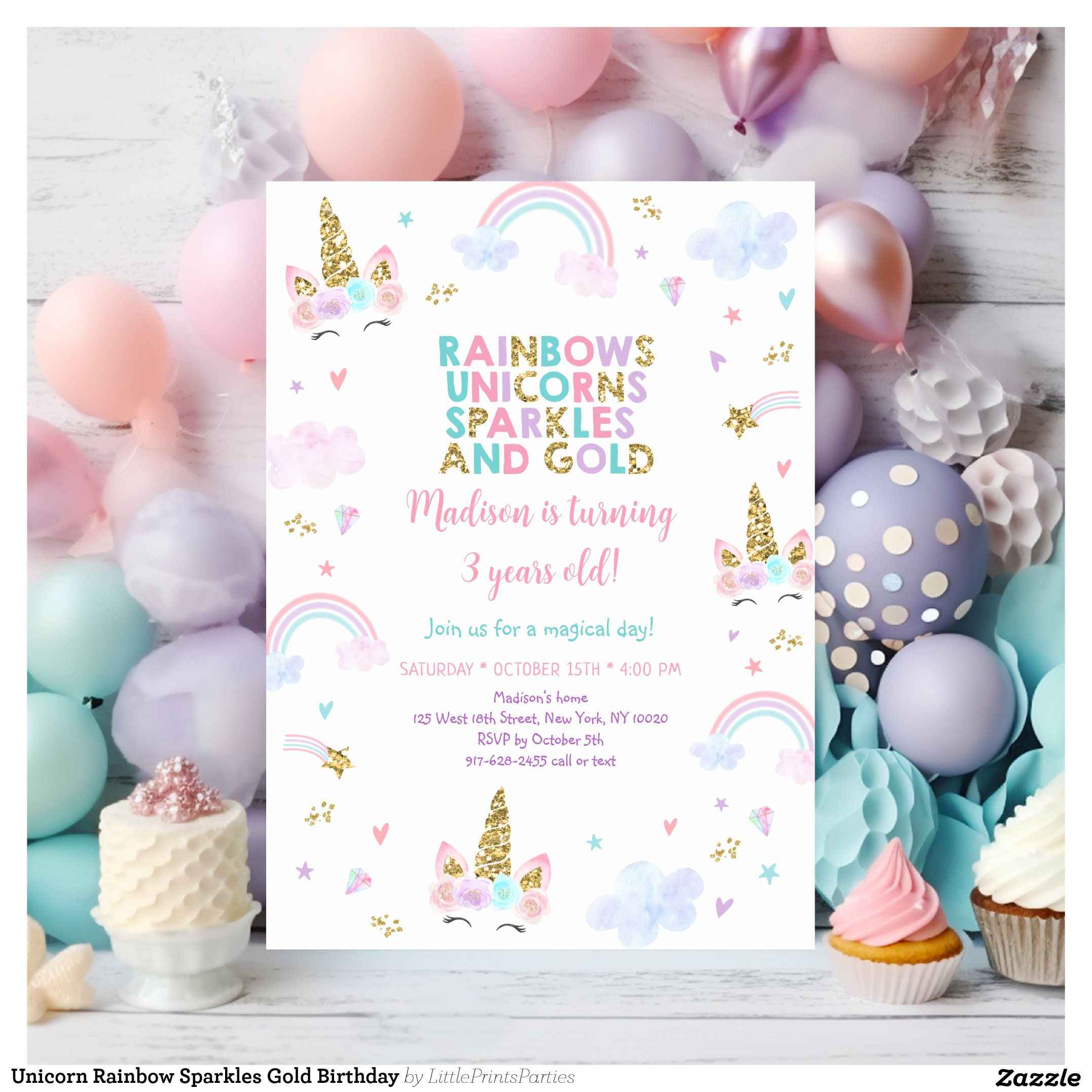 Unicorn Rainbow Sparkles Gold Birthday Invitation