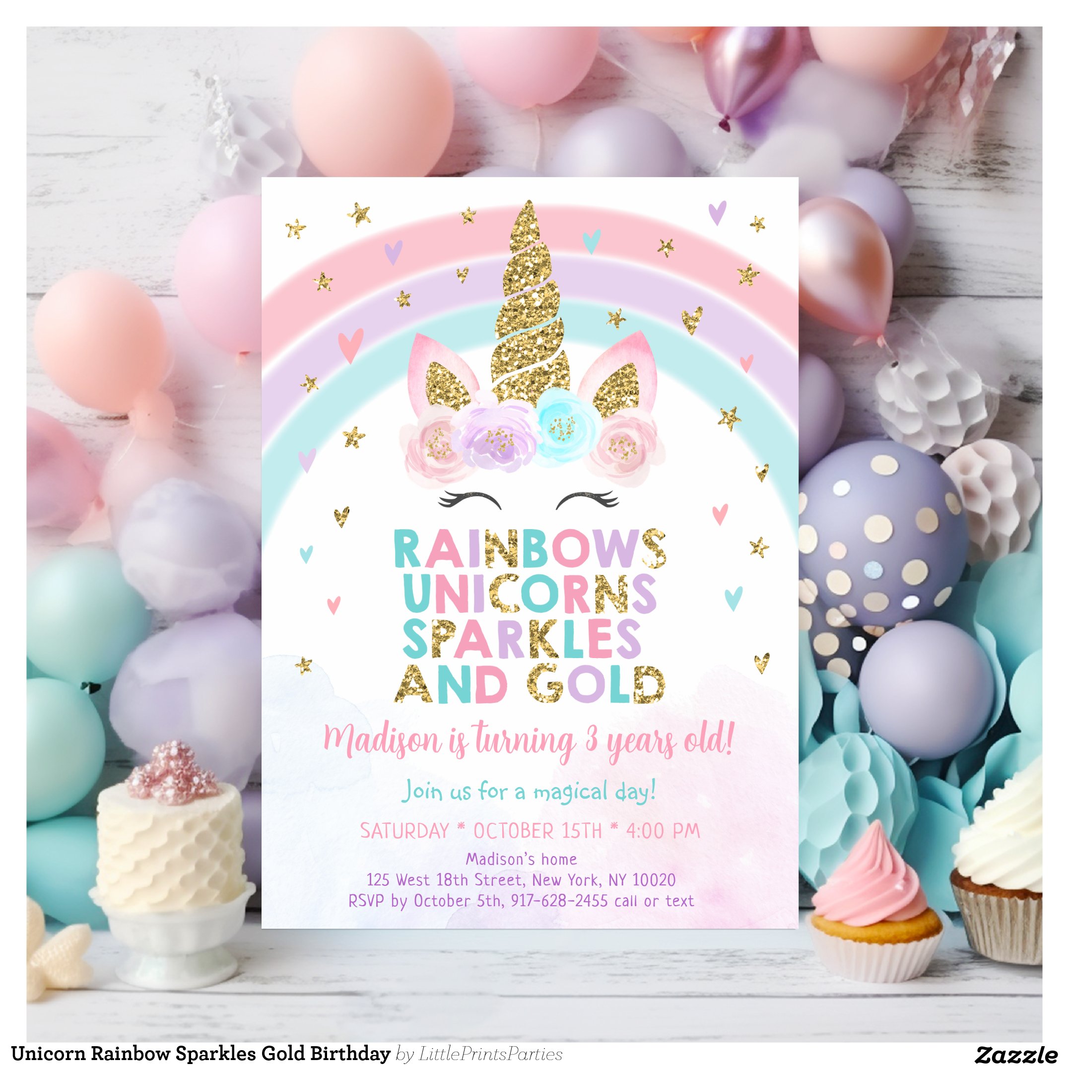 Unicorn Rainbow Sparkles Gold Birthday Invitation