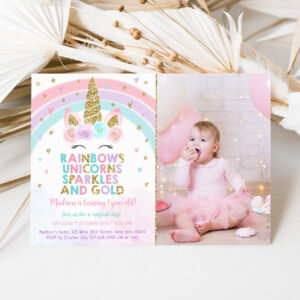 Unicorn Rainbow Sparkles Gold Invitation