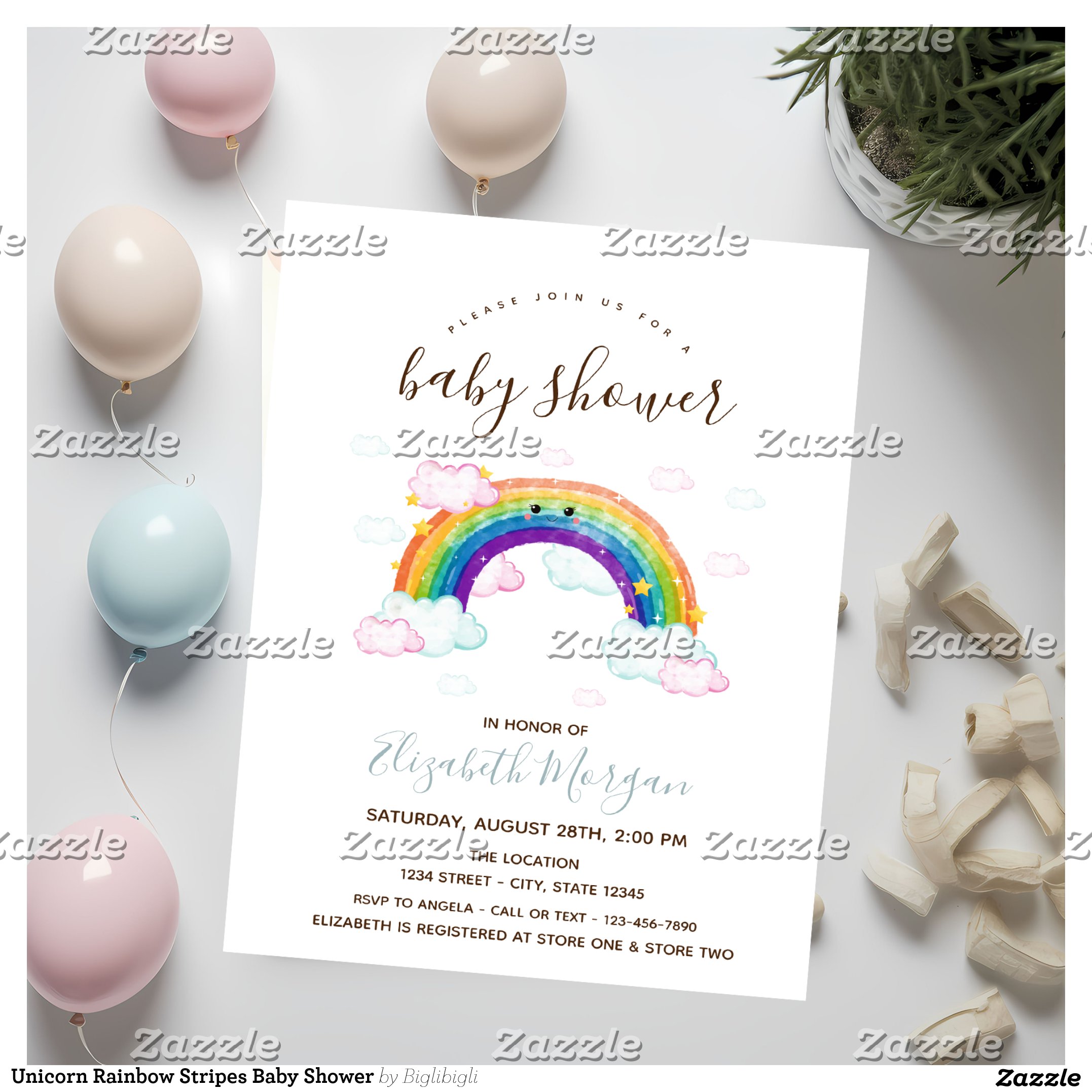 Unicorn Rainbow Stripes Baby Shower Invitation