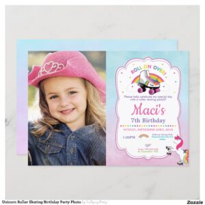 Unicorn Roller Skating Birthday Party Photo Invitation