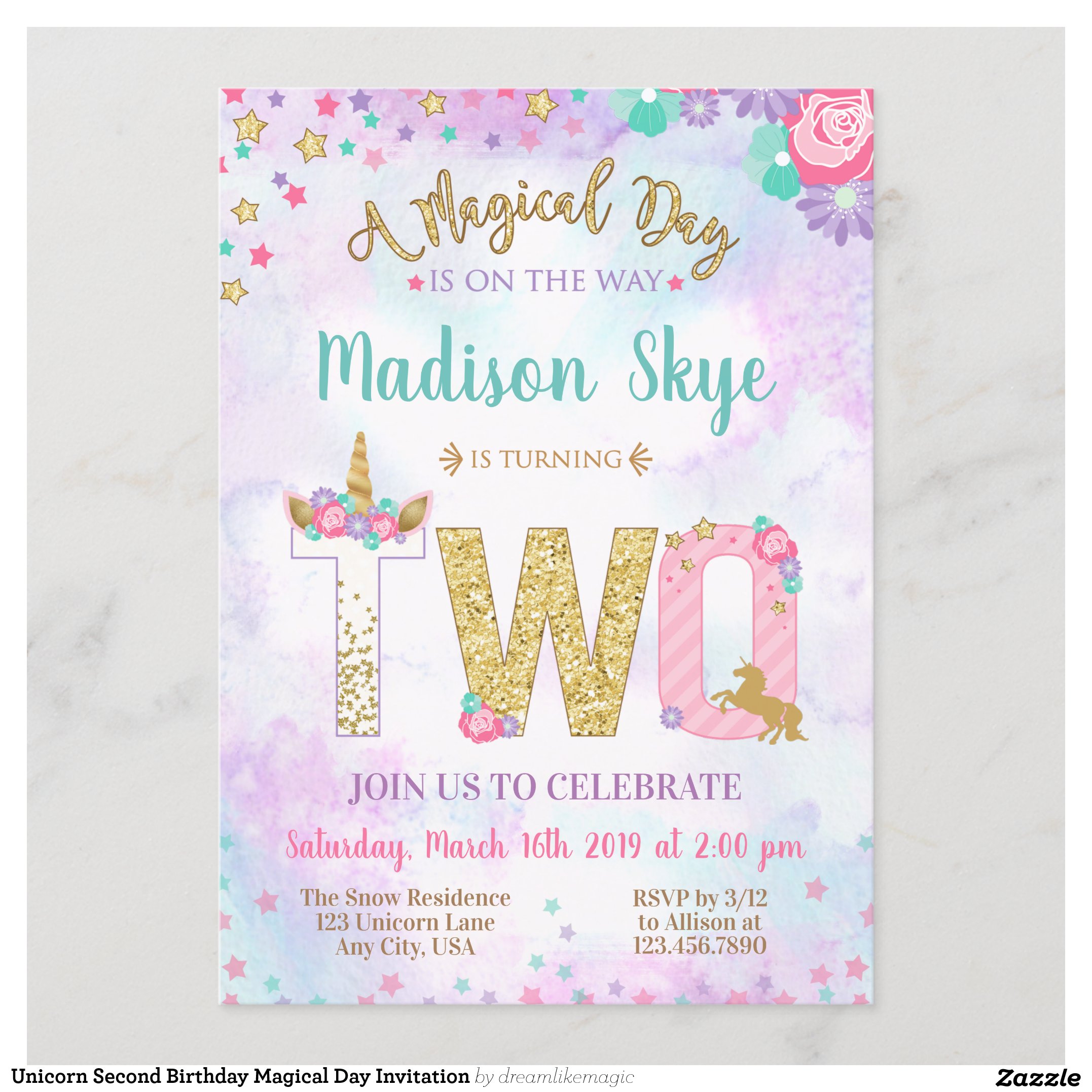 Unicorn Second Birthday Magical Day Invitation