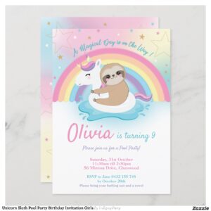 Unicorn Sloth Pool Party Birthday Invitation Girls