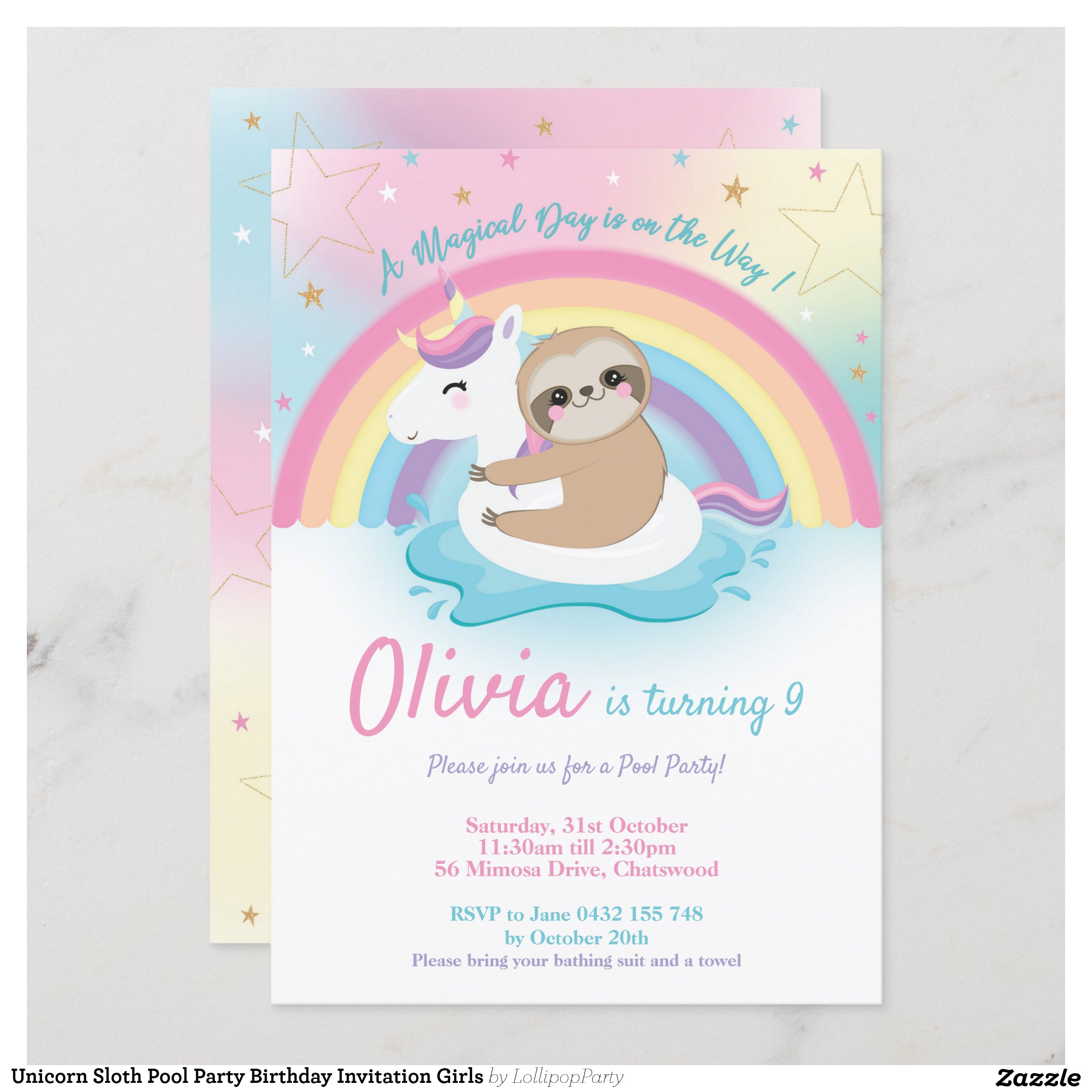 Unicorn Sloth Pool Party Birthday Invitation Girls