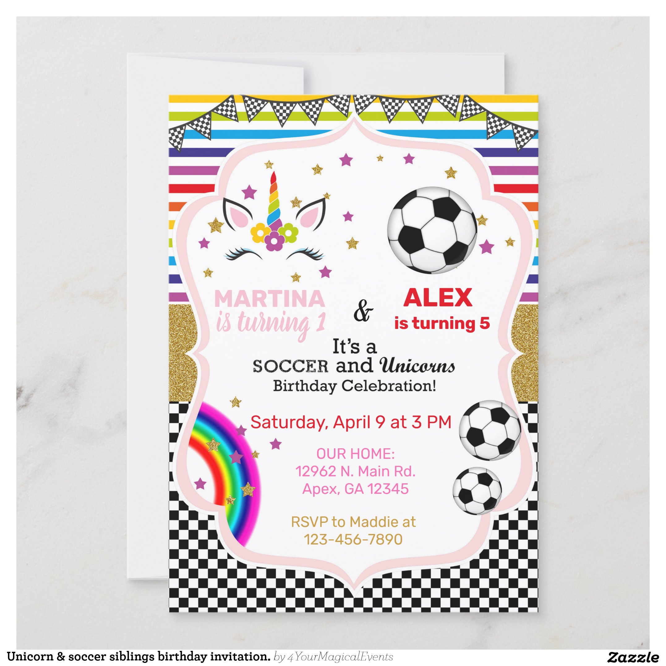 Unicorn & soccer siblings birthday invitation. invitation