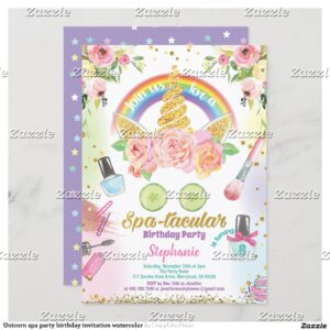 Unicorn spa party birthday invitation watercolor