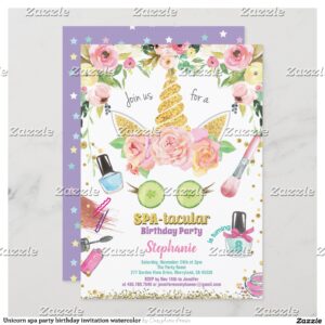 Unicorn spa party birthday invitation watercolor