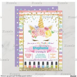 Unicorn spa party girl birthday pastel rainbow invitation