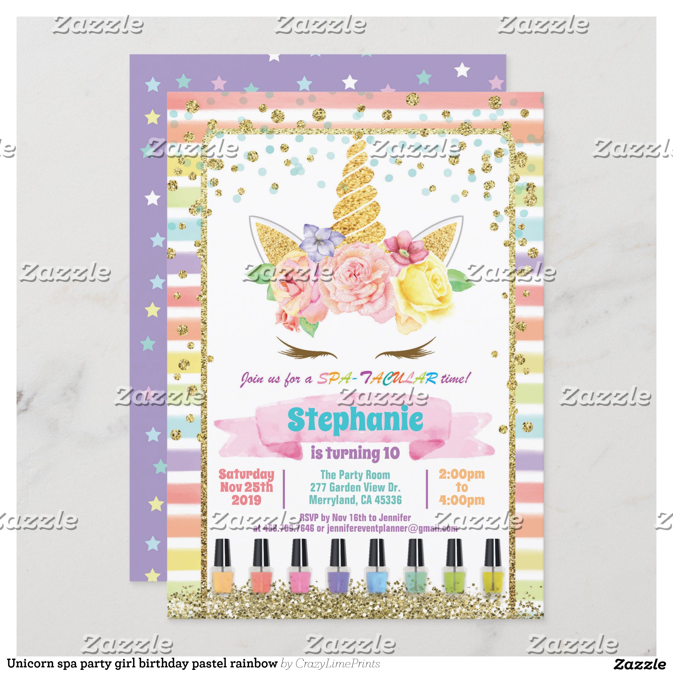 Unicorn spa party girl birthday pastel rainbow invitation