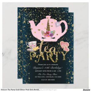 Unicorn Tea Party Gold Glitter Pink Girls Birthday Invitation