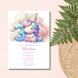 Unicorn Third 3rd Pink Blue Purple Girl Birthday Invitation