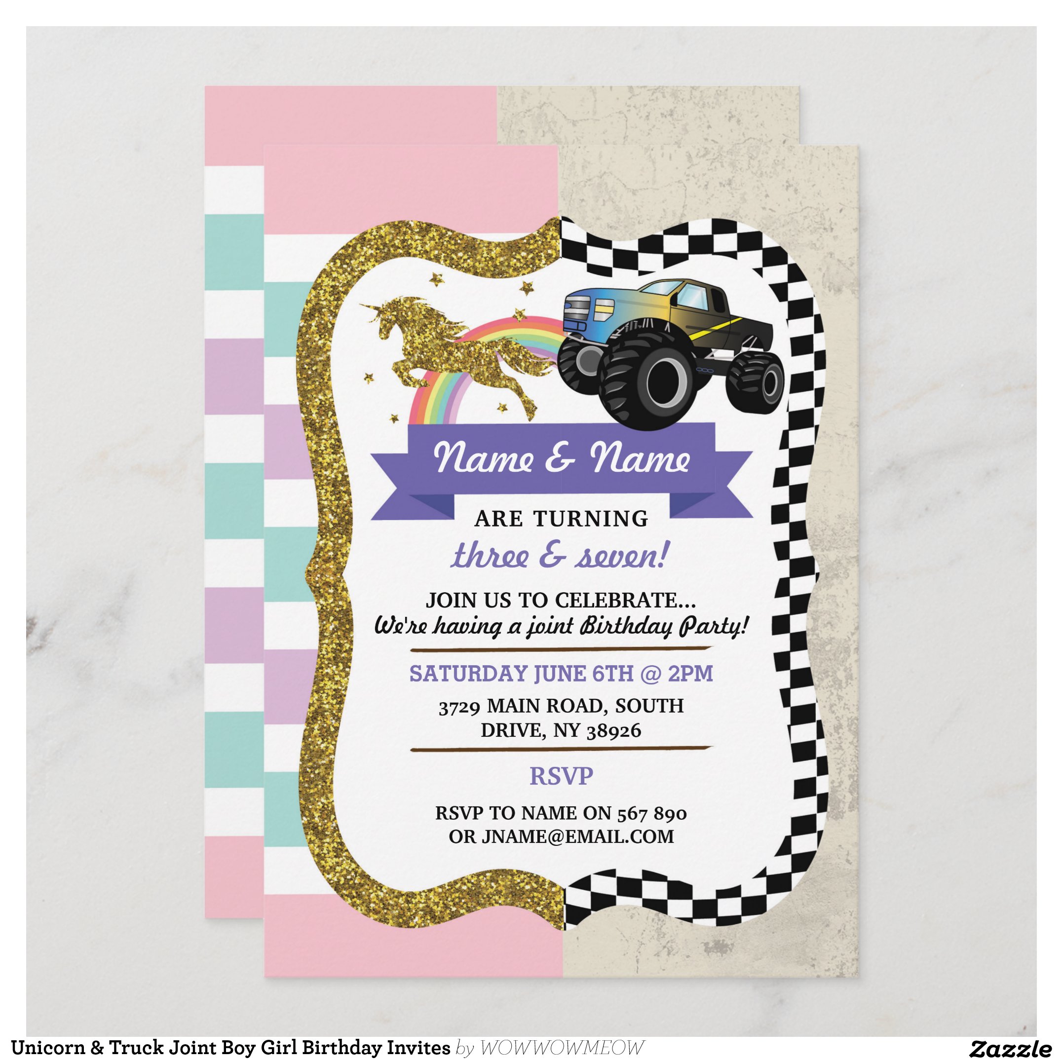 Unicorn & Truck Joint Boy Girl Birthday Invites