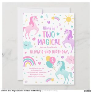Unicorn Two Magical Pastel Rainbow 2nd Birthday Invitation