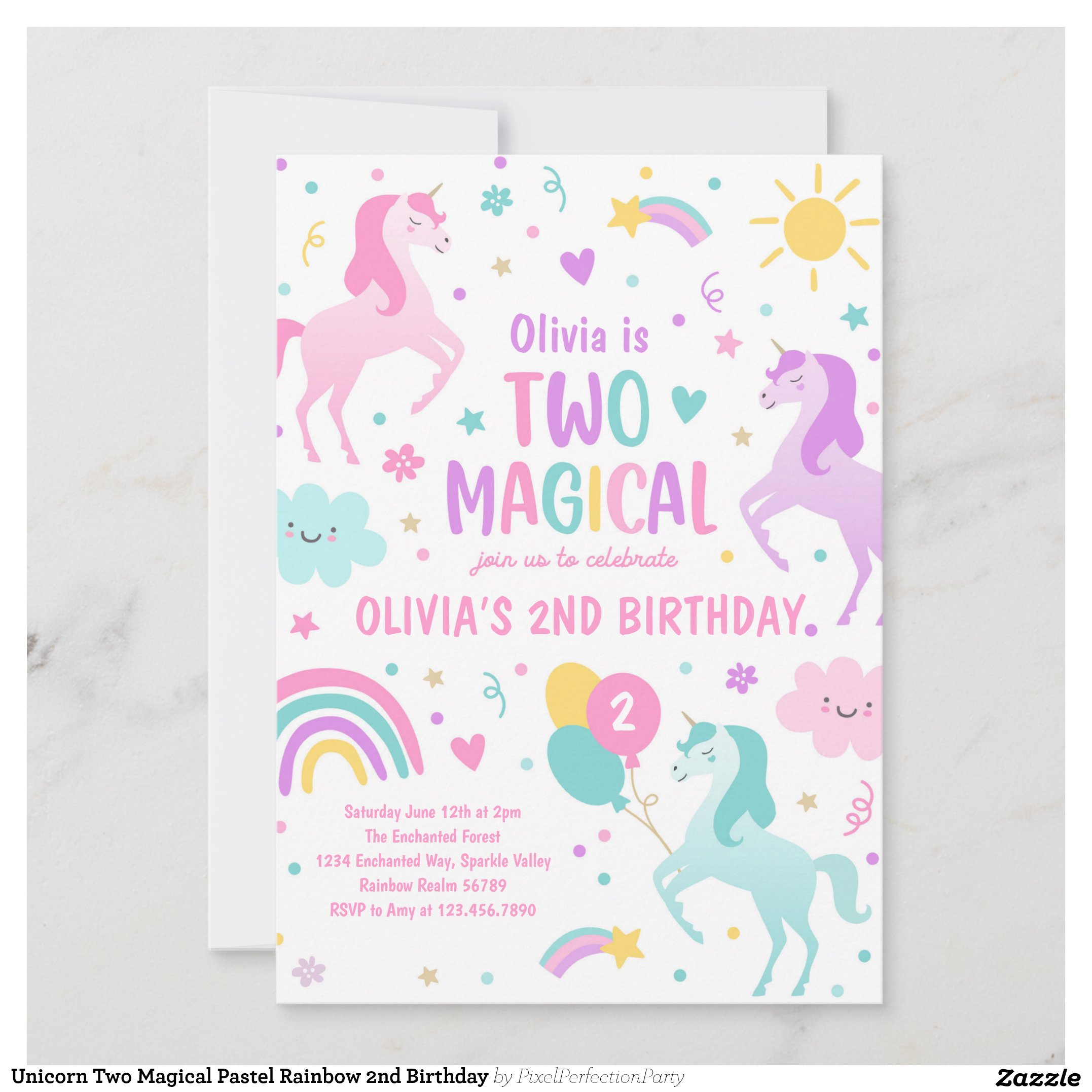 Unicorn Two Magical Pastel Rainbow 2nd Birthday Invitation