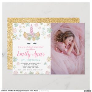 Unicorn Winter Birthday Invitation with Photo