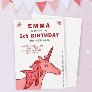 Unicorn with Flowers Girl`s Birthday Party Invitation