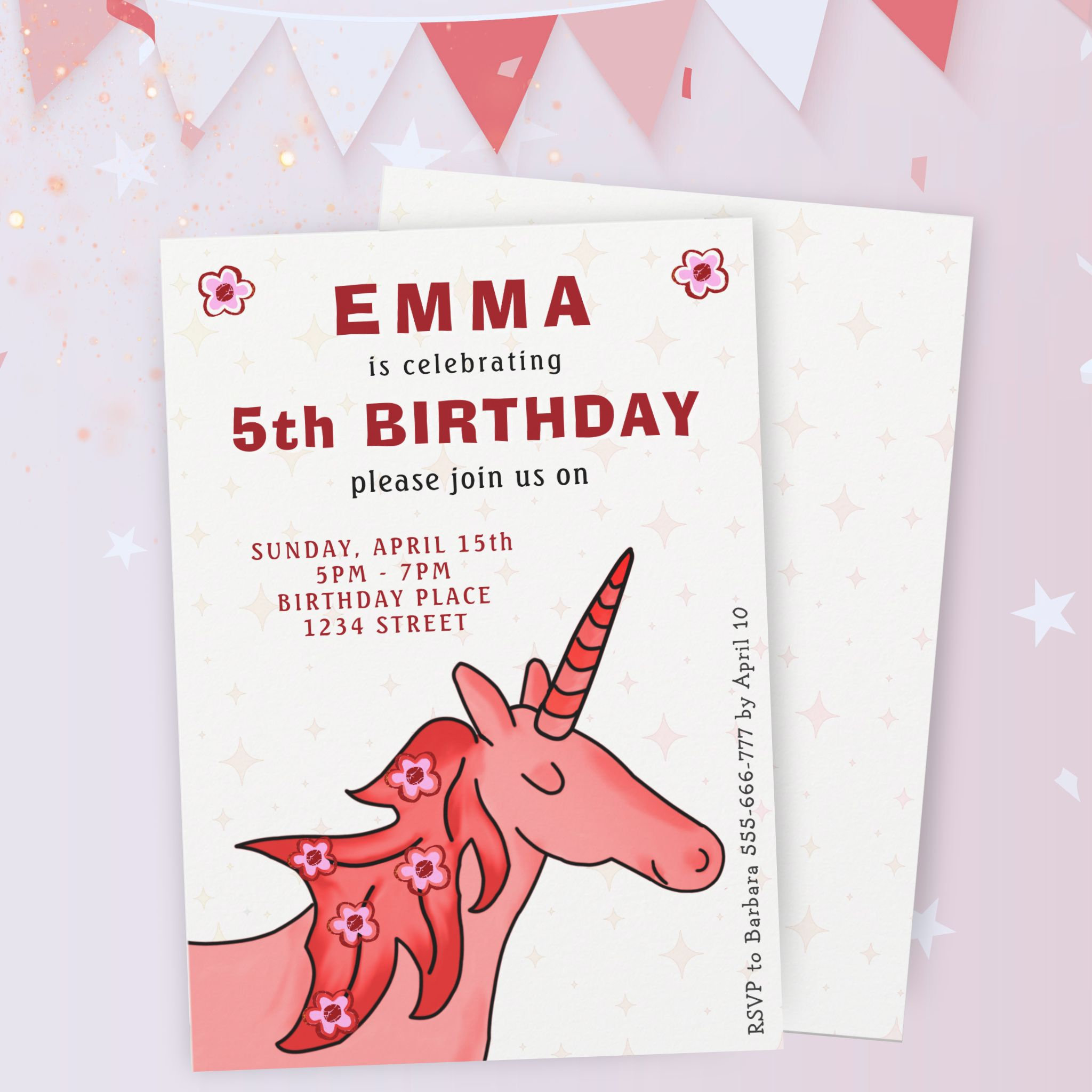 Unicorn with Flowers Girl`s Birthday Party Invitation