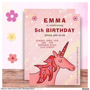 Unicorn with Flowers Girl`s Birthday Party Invitation
