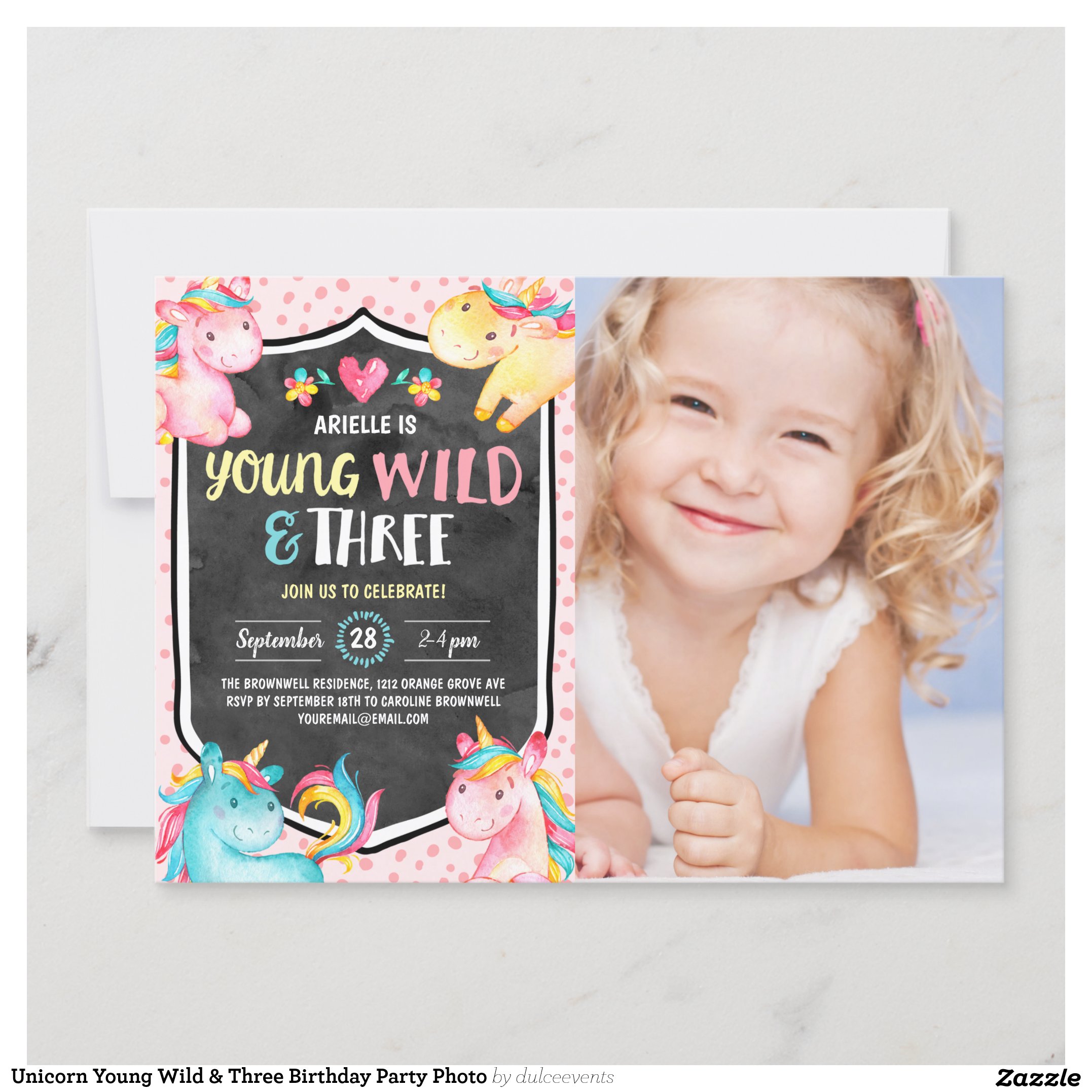 Unicorn Young Wild & Three Birthday Party Photo Invitation
