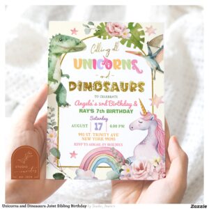 Unicorns and Dinosaurs Joint Sibling Birthday Invitation