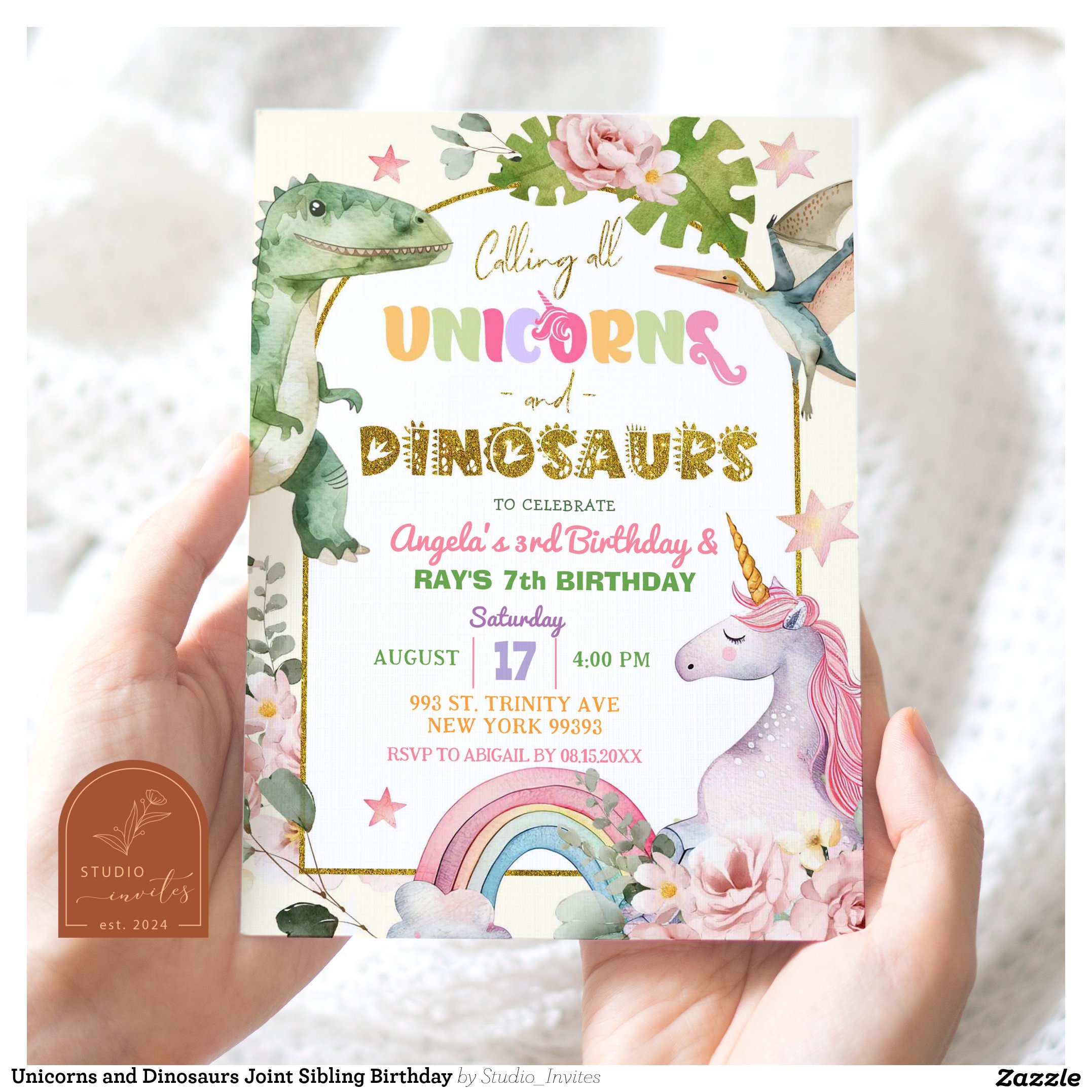 Unicorns and Dinosaurs Joint Sibling Birthday Invitation