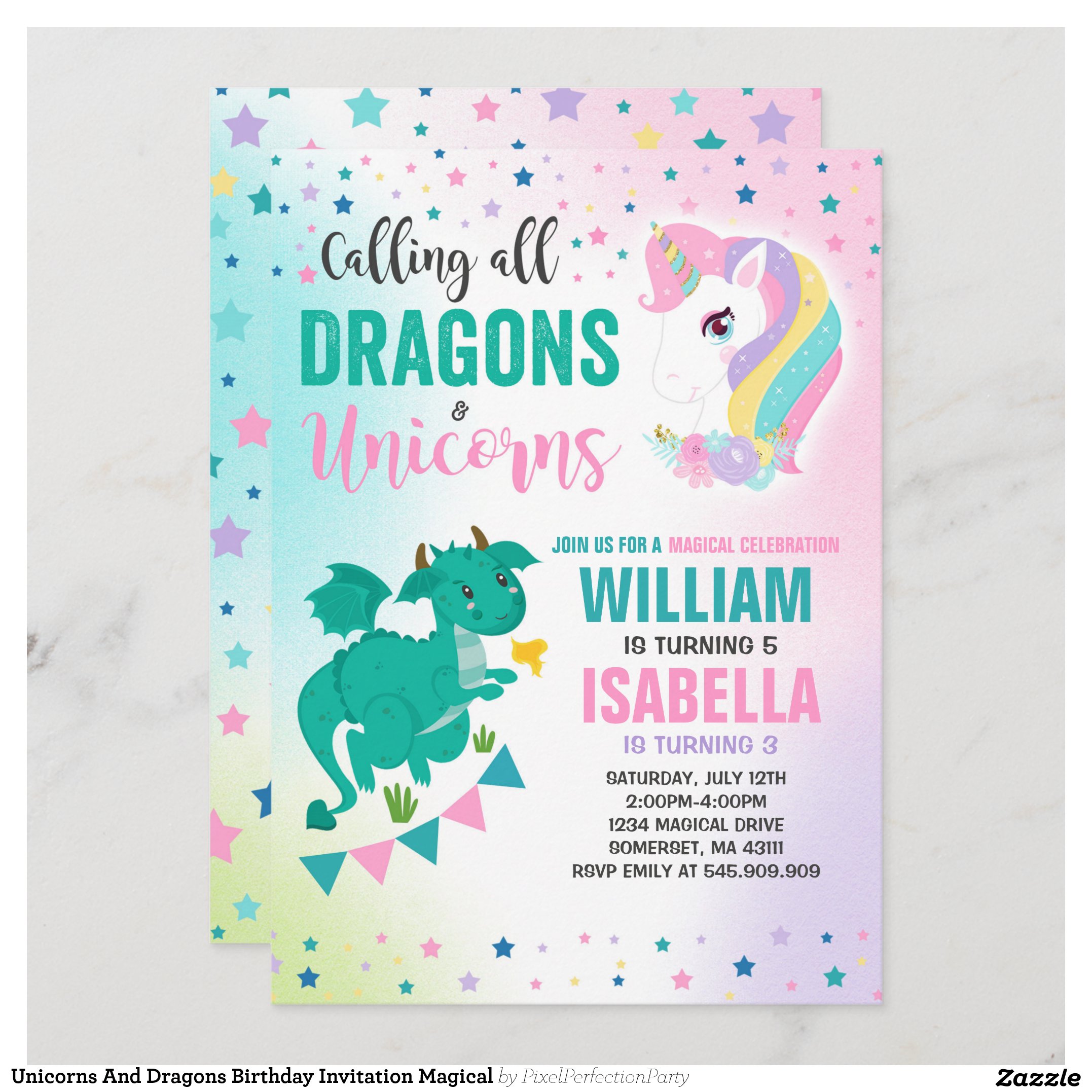 Unicorns And Dragons Birthday Invitation Magical