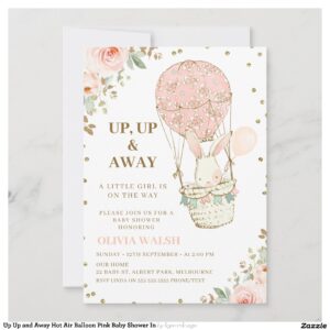 Up Up and Away Hot Air Balloon Pink Baby Shower In Invitation