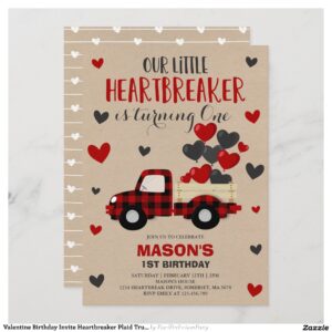 Valentine Birthday Invite Heartbreaker Plaid Truck