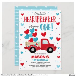 Valentine Heartbreaker 1st Birthday Red Blue Truck Invitation