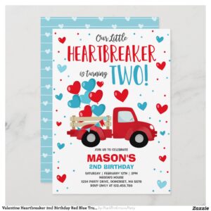 Valentine Heartbreaker 2nd Birthday Red Blue Truck Invitation