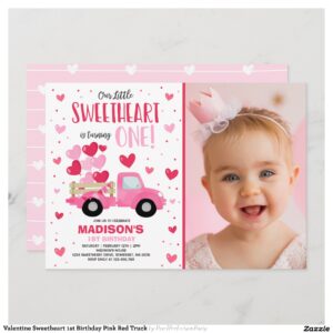 Valentine Sweetheart 1st Birthday Pink Red Truck Invitation
