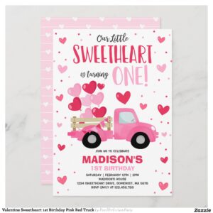 Valentine Sweetheart 1st Birthday Pink Red Truck Invitation