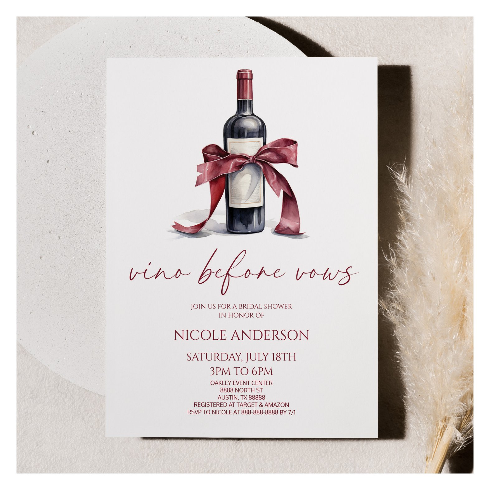 Vino Before Vows Red Wine Bottle Bow Bridal Shower Invitation