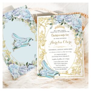 Vintage Baby Blue Roses Cinderella Quincea?era Invitation