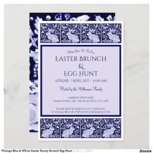 Vintage Blue & White Easter Bunny Brunch Egg Hunt Invitation