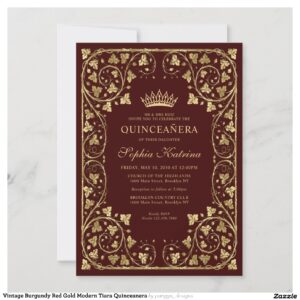 Vintage Burgundy Red Gold Modern Tiara Quinceanera Invitation