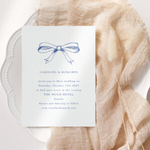 Vintage Coquette Blue Bow Minimalist Wedding Invitation
